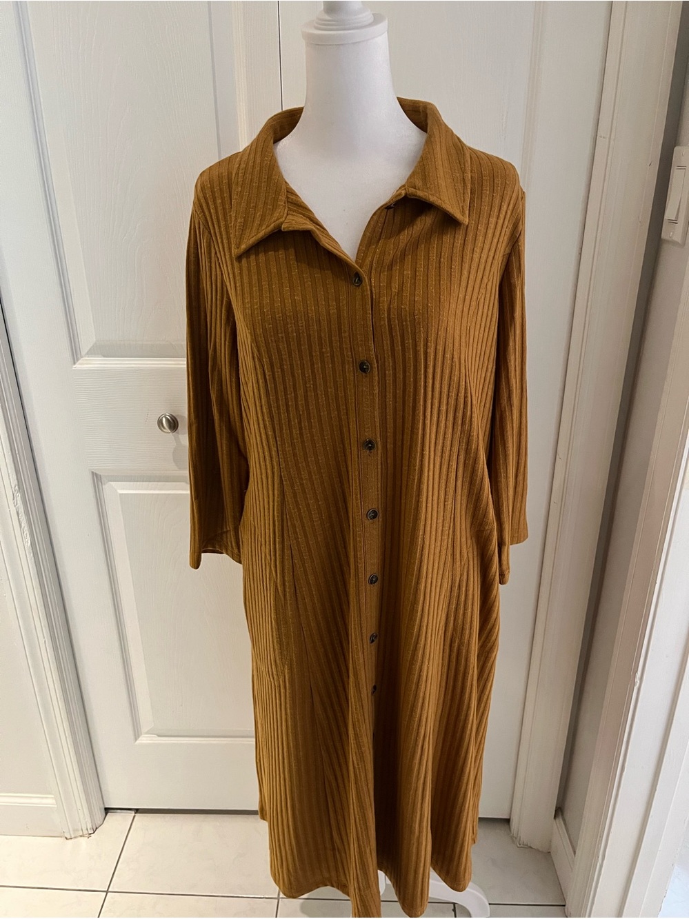 Susan Graver MP Button-Front Ribbed Midi Dress in Camel